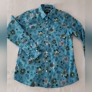 Land's End 100% SUPIMA Cotton No Iron Aqua Floral Button up Shirt ladies size 6